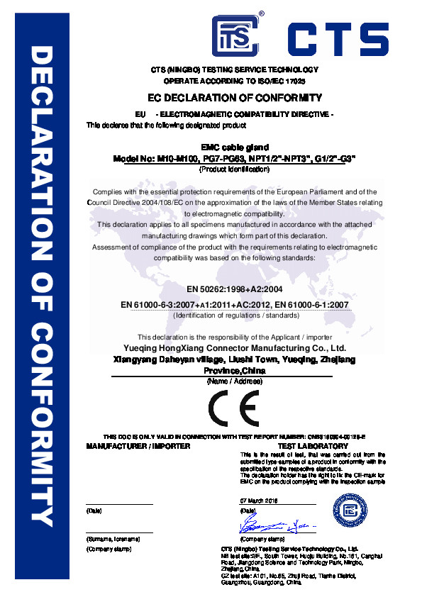 China ZHEJIANG HONGXIANG CONNECTOR MANUFACTURING CO.,LTD. Certificaciones