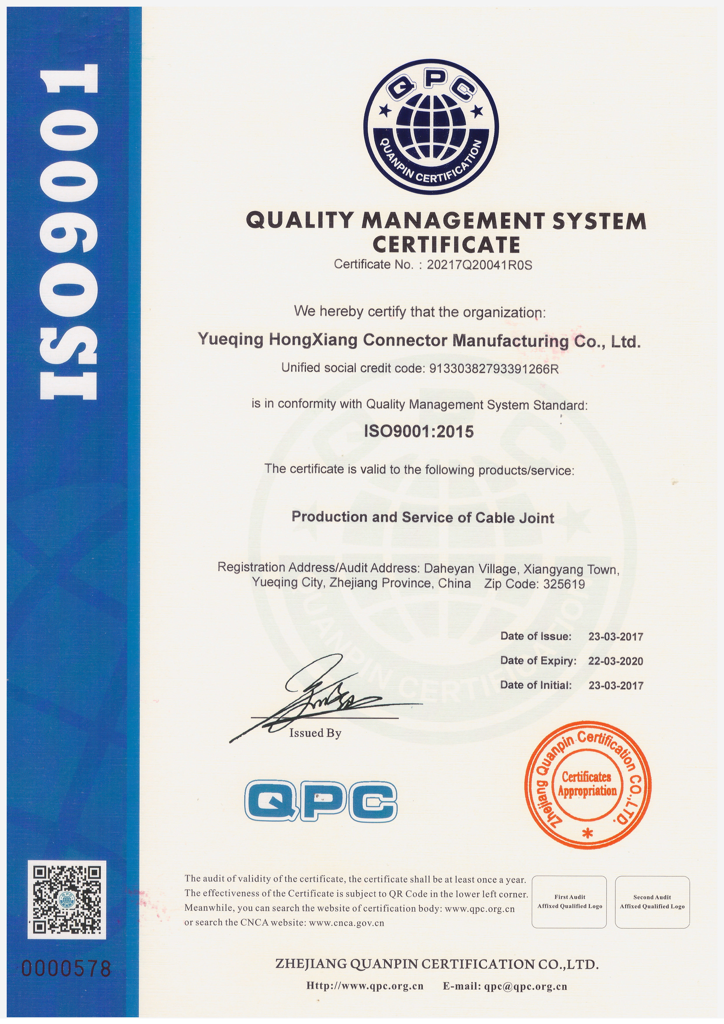 China ZHEJIANG HONGXIANG CONNECTOR MANUFACTURING CO.,LTD. Certificaciones